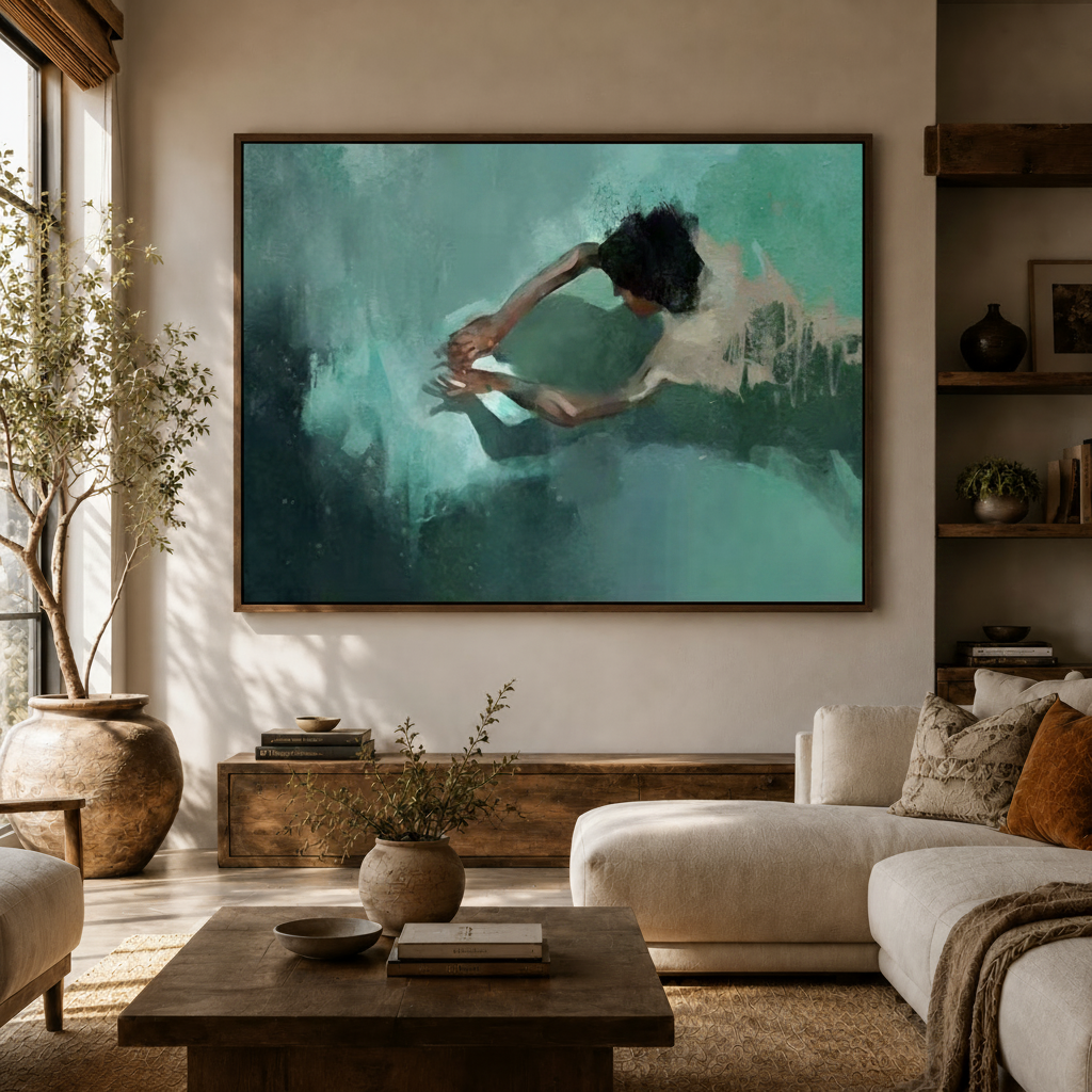 Contemporary figurative painting in teal tones hung above sideboard in warm modern living room