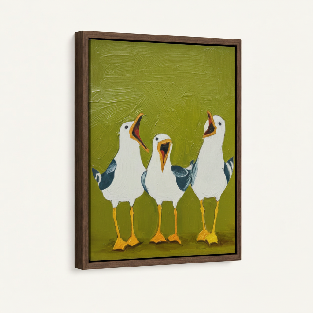 Three singing seagulls folk art print in walnut wood frame displayed on white background