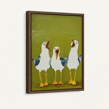 Three singing seagulls folk art print in walnut wood frame displayed on white background
