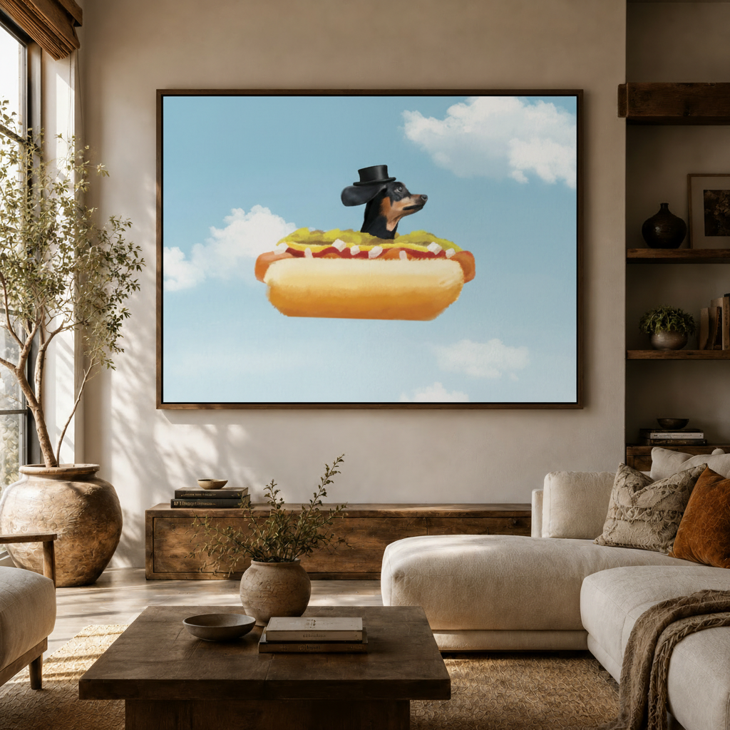 Whimsical dachshund in hot dog bun framed canvas displayed above sofa in neutral boho living room