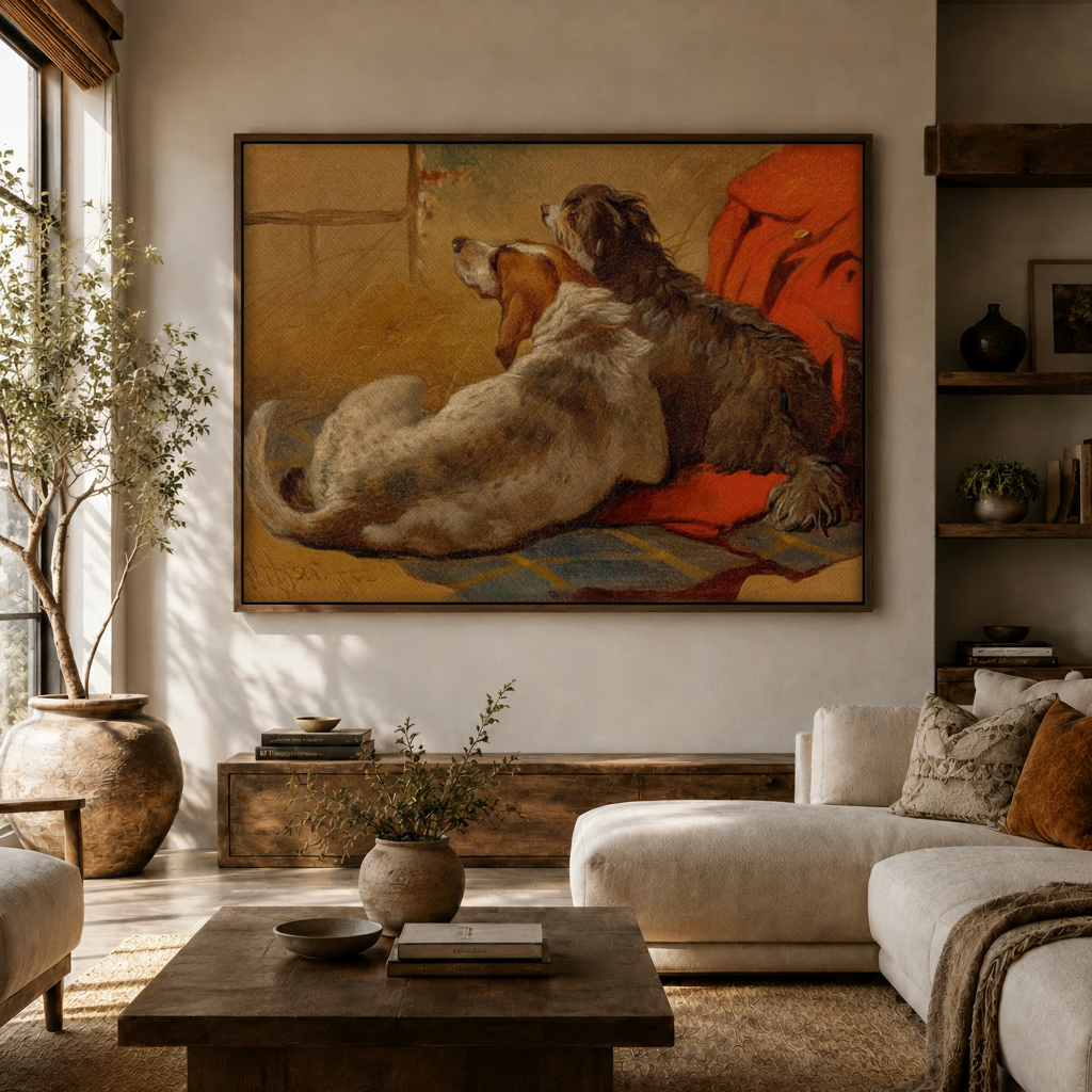Classical dog portrait canvas art above sofa in modern neutral living room interior