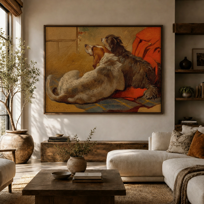 Classical dog portrait canvas art above sofa in modern neutral living room interior
