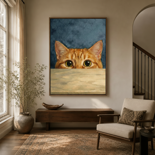 Peeking cat oil painting canvas print displayed in a warm modern living room entryway