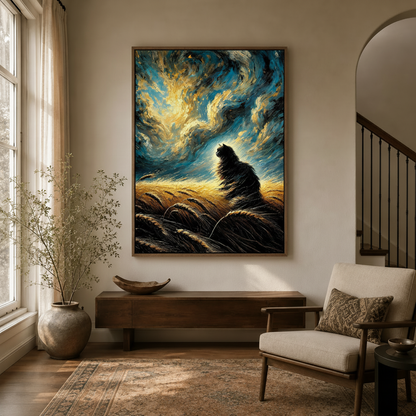 Impressionist black cat wheat field wall art hanging in warm entryway beside dried botanicals and linen armchair