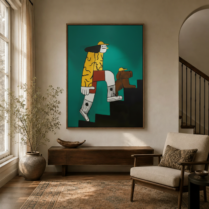 Bold graphic canvas print of stylish figure climbing stairs with dog on teal background, framed in warm wood, displayed in modern  entryway