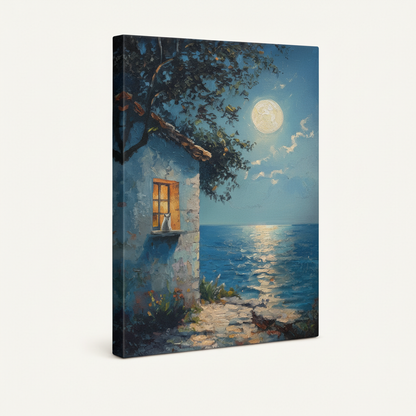 Gallery-wrapped moonlit cat coastal canvas showing white cat on cottage window with full moon and blue sea