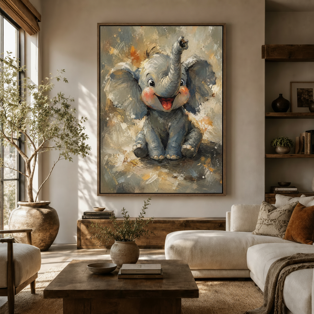 Whimsical elephant wall art in dark walnut frame styled in a bright modern living room with white sofa