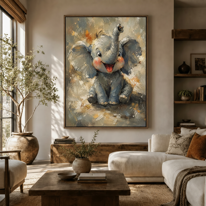 Whimsical elephant wall art in dark walnut frame styled in a bright modern living room with white sofa
