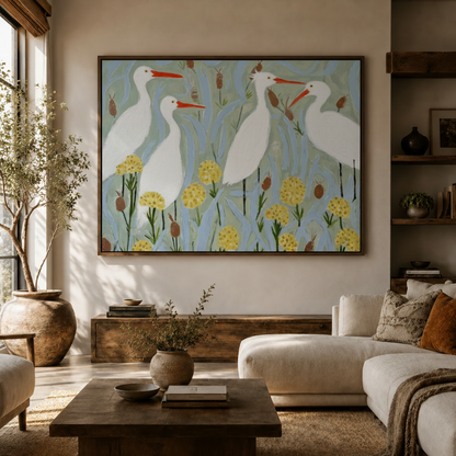 White egret botanical canvas wall art hung in bright living room with olive tree and white sofa