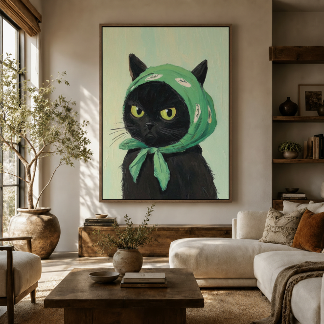 Black cat bandana painting in framed canvas displayed in modern living room with olive tree