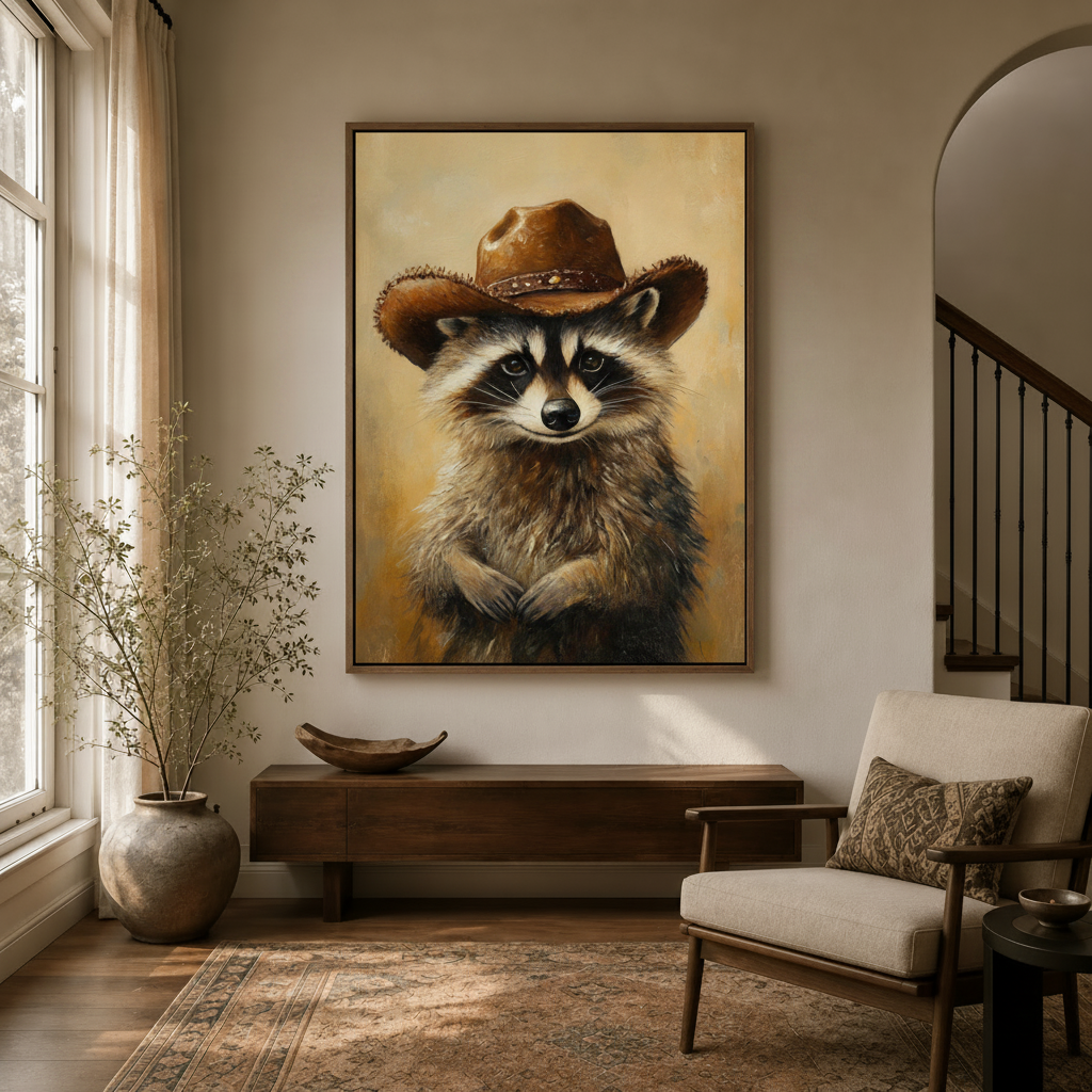 Vintage raccoon portrait canvas print hanging in a transitional entryway with arched doorway and linen armchair