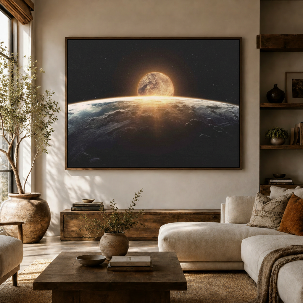 Dramatic space canvas wall art hung in a bright living room above a sideboard with a white sofa and olive tree