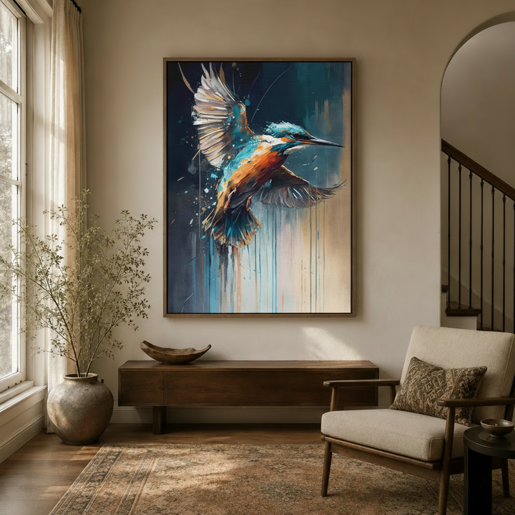 Bold teal and orange bird canvas print hanging in a bright hallway entryway