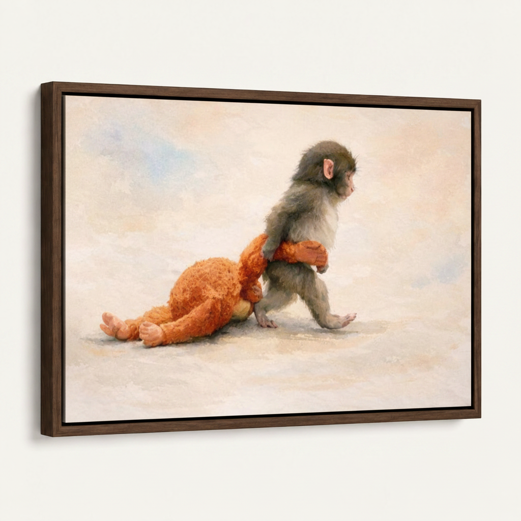 Framed baby macaque orange onesie classical realist canvas print dark walnut float frame 3/4 angle view