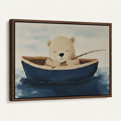 Framed bear fishing boat illustrated canvas print in dark walnut float frame angled 3/4 product view