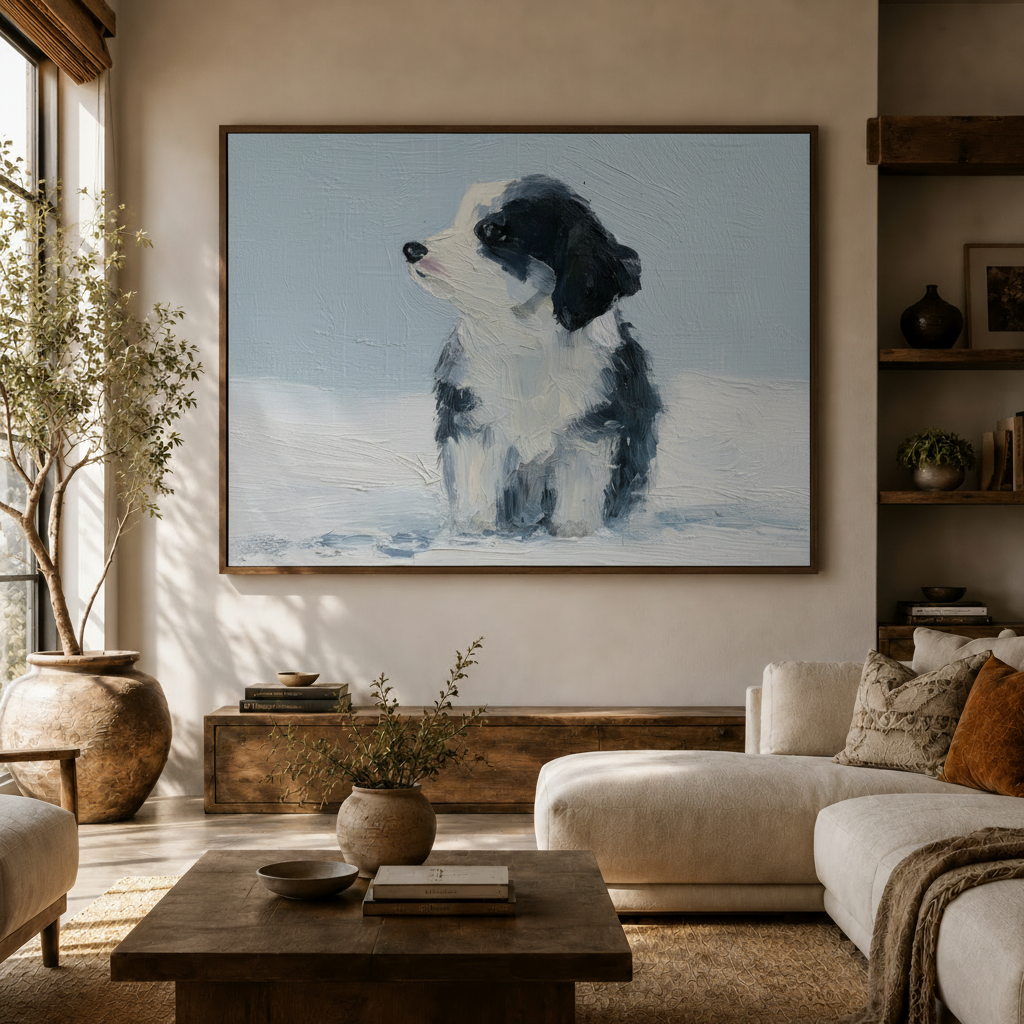 Framed border collie puppy canvas art above console table in cozy earth-tone living room with dried botanicals