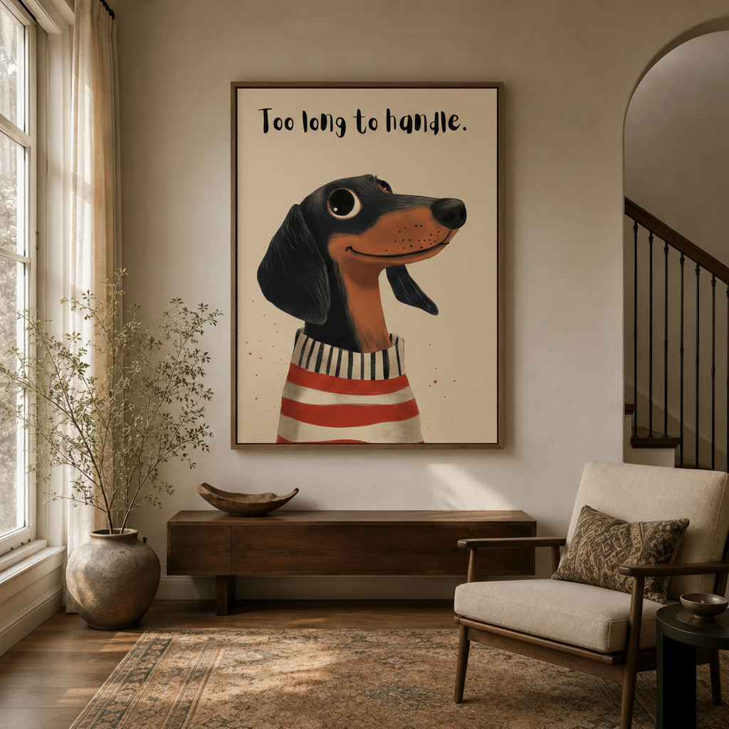 Funny dachshund canvas in entryway hallway with dark wood console and arched doorway