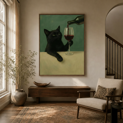 Framed black cat wine canvas wall art hung in a warm neutral entryway with arched doorway and wooden console