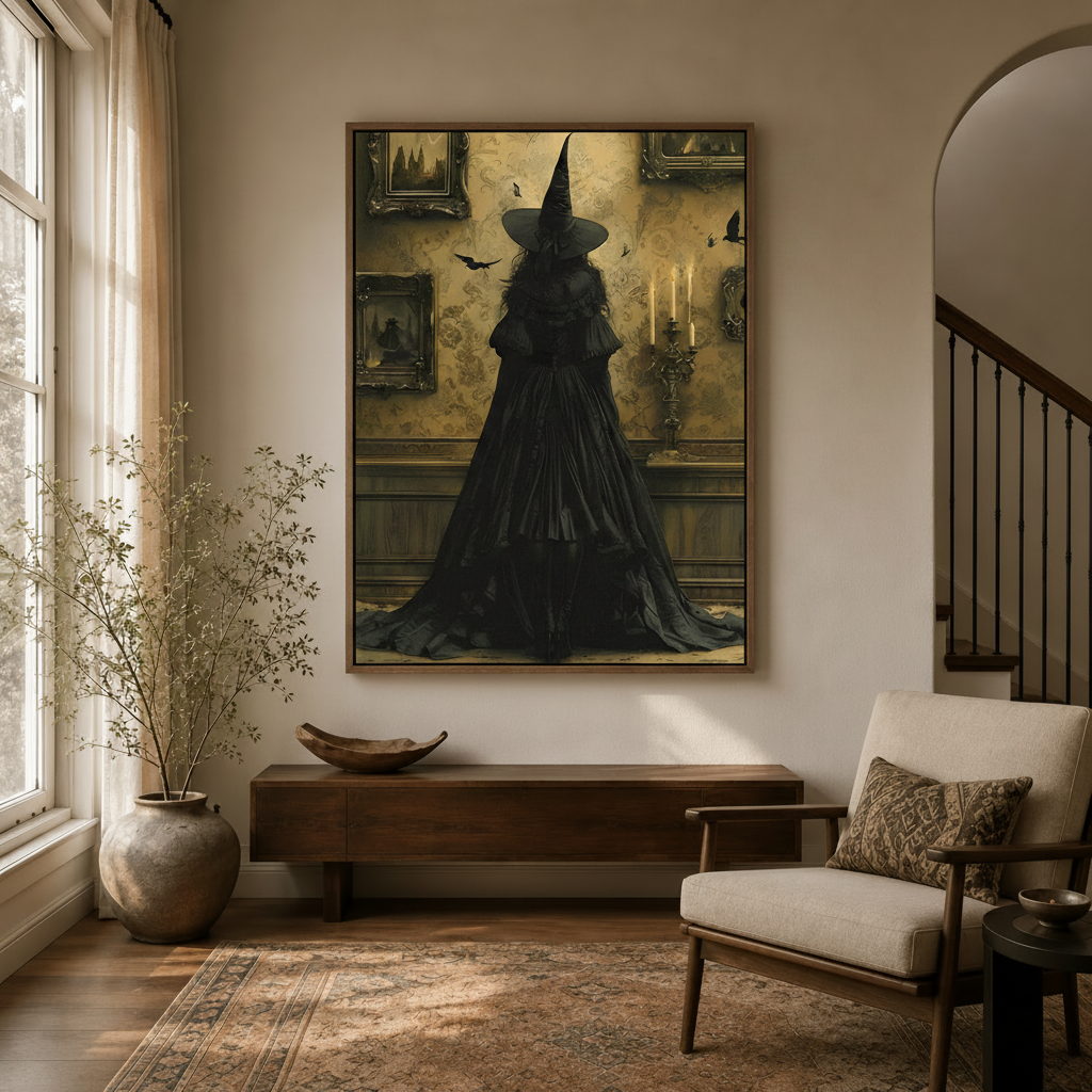Dark academia wall art canvas in a neutral entryway with arched doorway and natural light