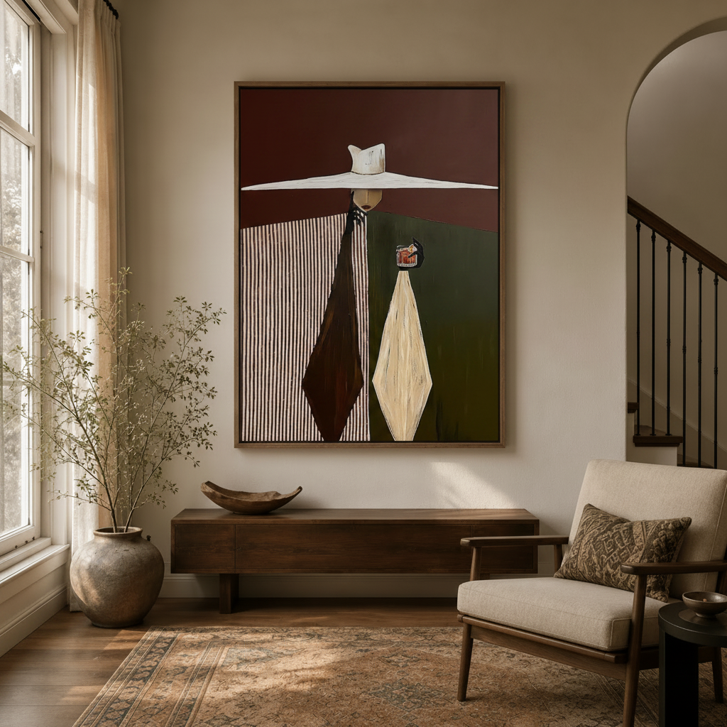 Modern abstract wall art canvas in entryway with arched doorway and warm neutral decor