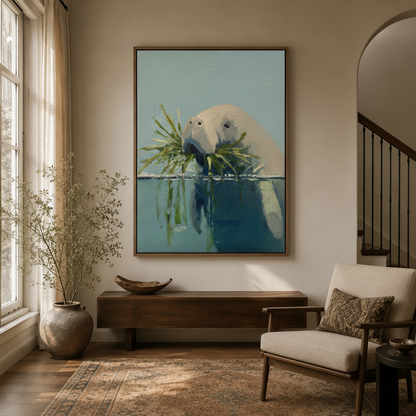 Manatee waterline canvas artwork hanging in a cozy modern entryway above a dark walnut console
