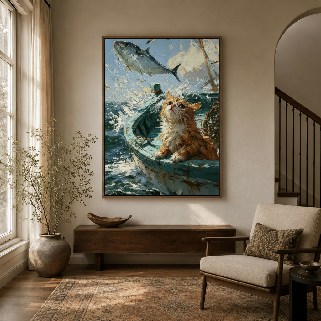 Framed cat on a boat canvas art hanging in bright entryway, impasto oil painting nautical theme