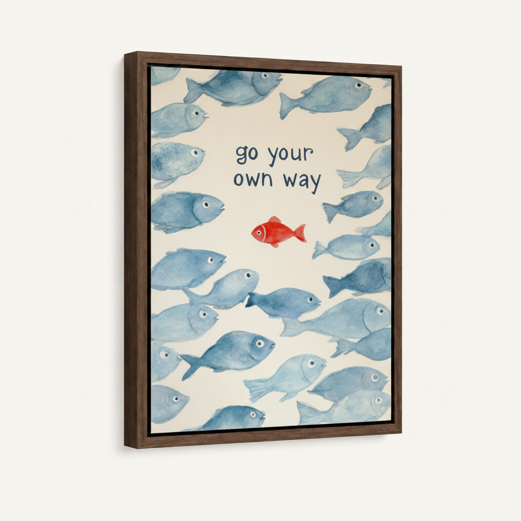 One red fish swimming against blue school watercolor canvas in wide dark walnut float frame, 3/4 portrait angle