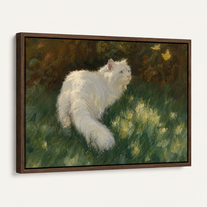 Fluffy white cat butterfly garden canvas print dark walnut float frame angled 3/4 product mockup view