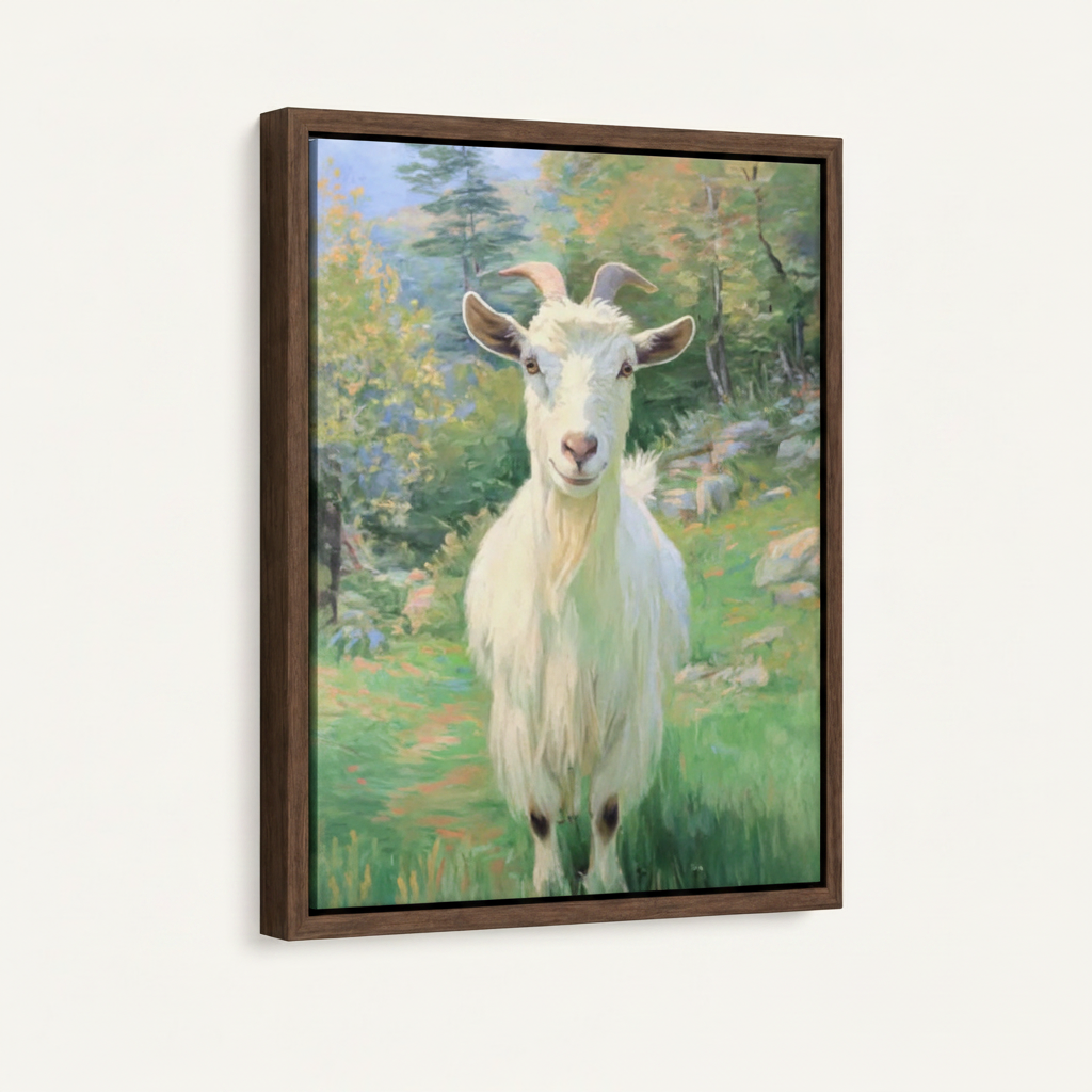White goat lush green meadow soft realistic canvas in dark walnut wide float frame, 3/4 left angle view