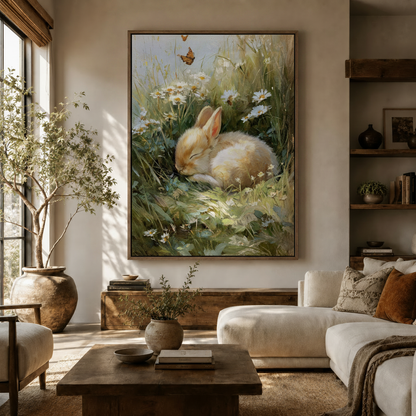 Sleeping bunny daisy meadow canvas print displayed above sofa in warm neutral living room