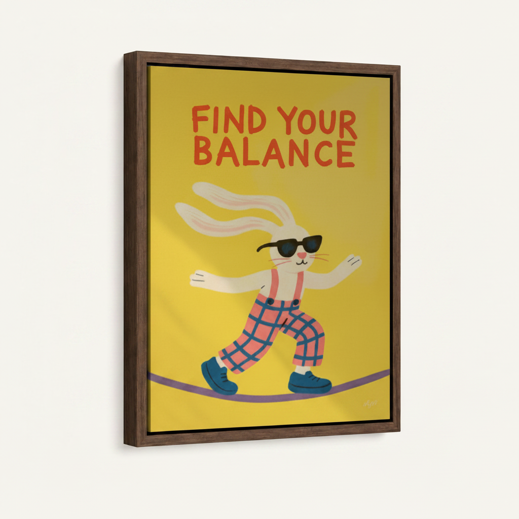 White bunny sunglasses plaid pants tightrope pop art canvas in wide dark walnut float frame, 3/4 portrait angle