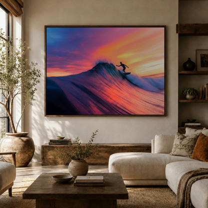 Ocean wave surfer silhouette canvas hanging above white sofa in modern living room