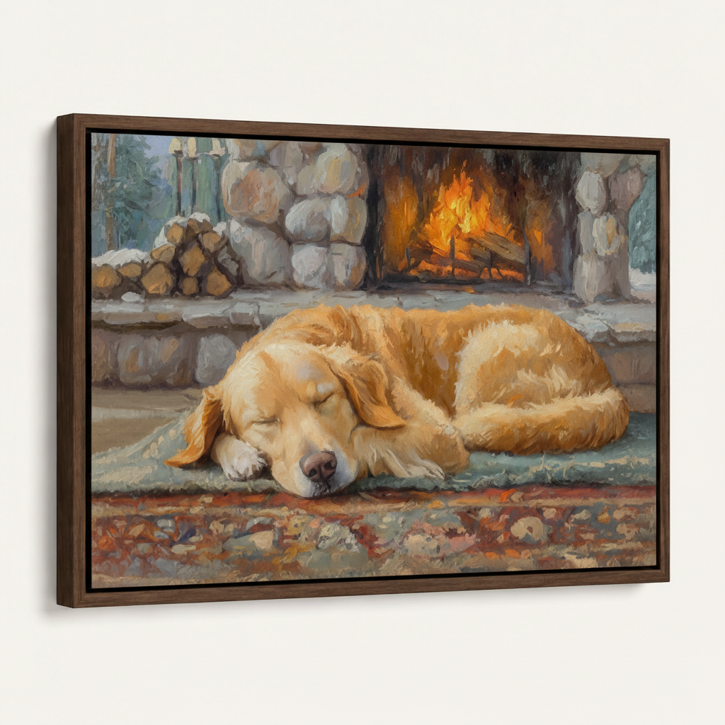 Framed golden retriever fireplace canvas print in dark walnut float frame angled product view