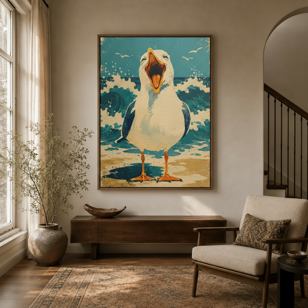 Bold retro seagull beach art canvas print in modern entryway hallway with arched doorway