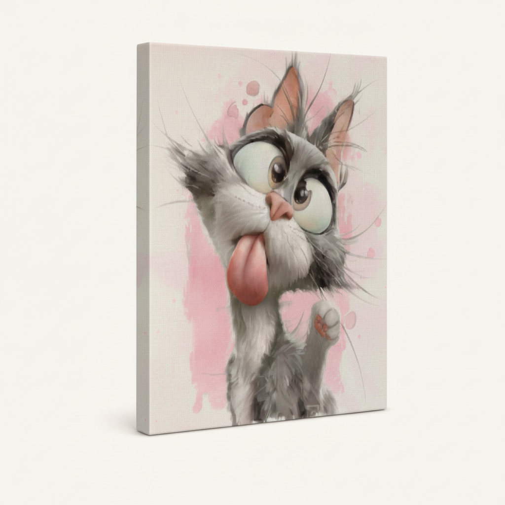 Gallery-wrapped canvas of funny gray cat with tongue out and pink watercolor background shown at angle on white