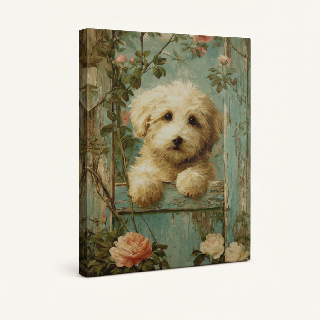 Gallery-wrapped canvas of cream puppy on teal fence with roses shown at angle on off-white background
