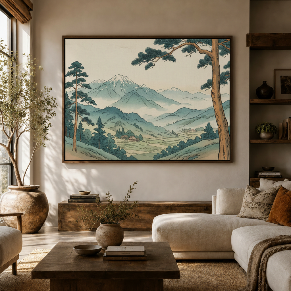 Woodblock print style pine tree and snow mountain canvas hung above sideboard in bright modern living room