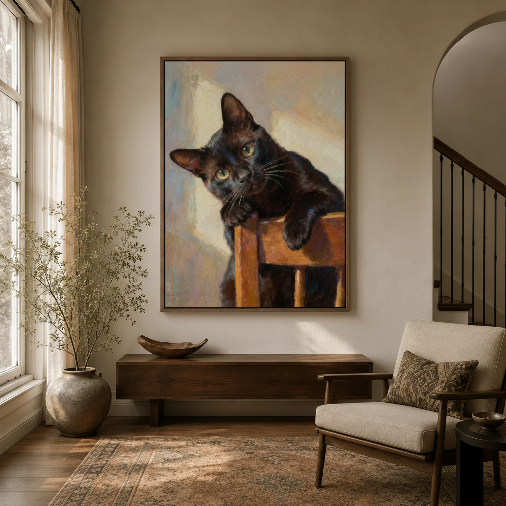 Impressionist black cat canvas wall art displayed in a warm modern entryway with arched doorway and wooden console