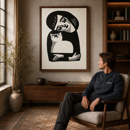 Framed woman embracing a cat wall art displayed beside a seated man in a cozy study