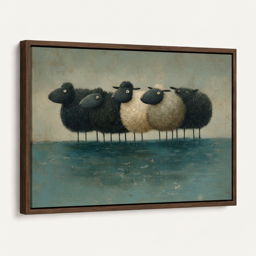 Framed surreal round sheep teal water impasto canvas print dark walnut float frame angled 3/4 product view