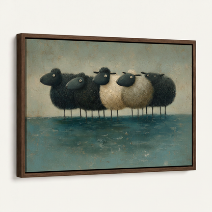 Framed surreal round sheep teal water impasto canvas print dark walnut float frame angled 3/4 product view