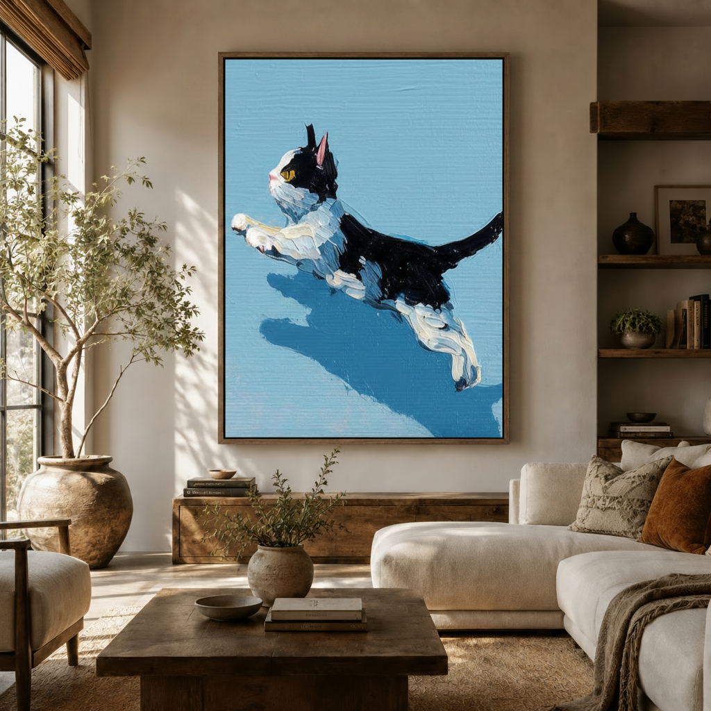 Leaping cat canvas wall art displayed in bright living room with white sofa and natural light