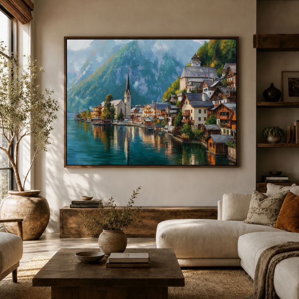 Austrian alpine village lake painting framed in walnut above modern white sofa living room