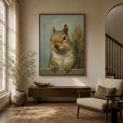 Large framed squirrel wall art hanging above console table in bright transitional entryway