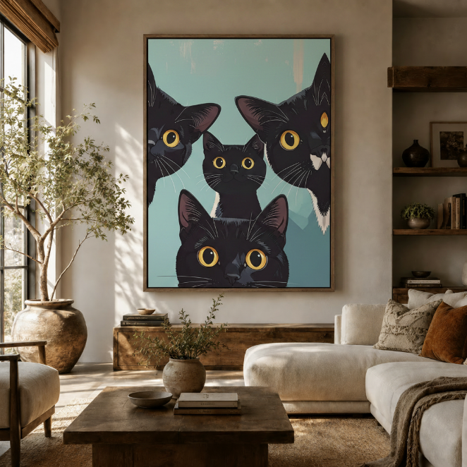 Bold black cat graphic canvas print styled in warm boho living room above rustic sideboard