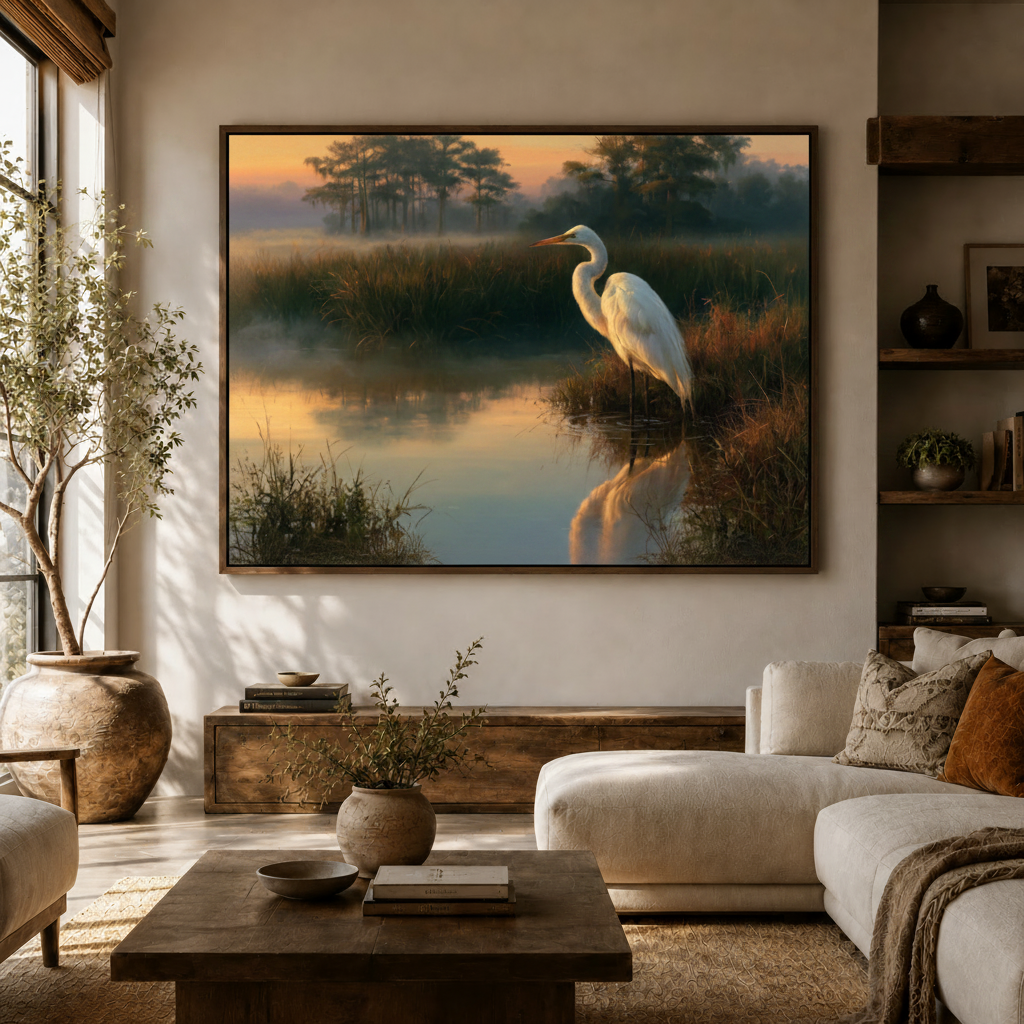 Misty marsh wildlife canvas wall art hanging above a white sofa in a modern living room