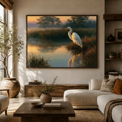 Misty marsh wildlife canvas wall art hanging above a white sofa in a modern living room