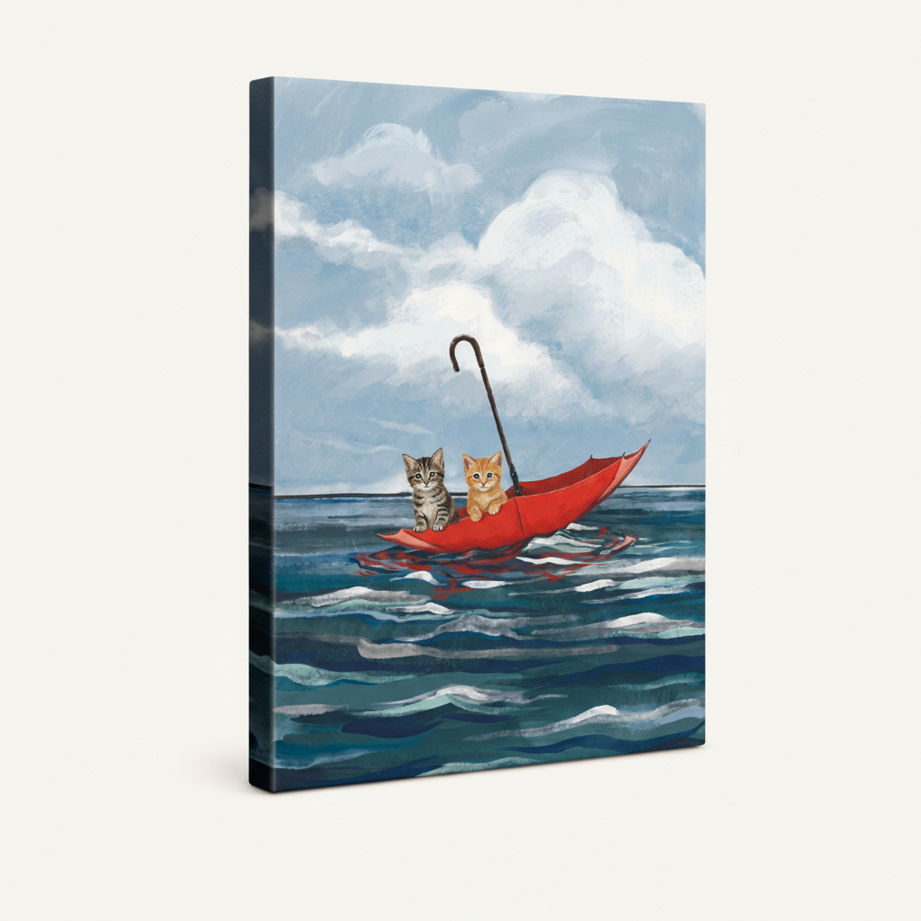Gallery-wrapped cat umbrella canvas with dark ocean blue wrap sides on cream background