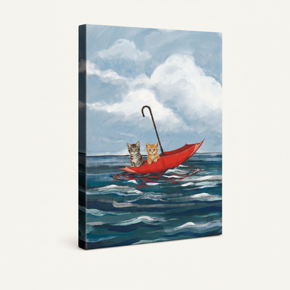 Gallery-wrapped cat umbrella canvas with dark ocean blue wrap sides on cream background
