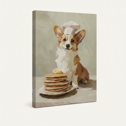 Gallery-wrapped canvas of corgi in chef hat beside pancake stack shown at angle on soft off-white background